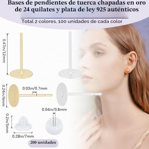 Miniatura 2 de Beebeecraft 200 Piezas De 6mm Postes Planos De Pendientes, Acero Inoxidable Chapado En Oro De 24 Quilates Earring Posts Pad Con 200pz Tuercas De Plástico Para Pendientes Bricolaje Artesanía