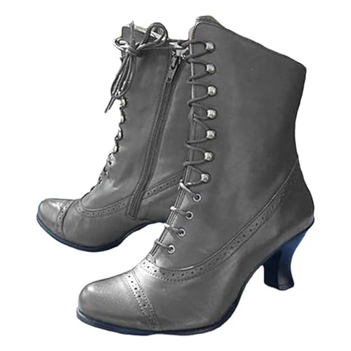 Image of Lace Up Ankle Boots for Women Wide Fit Gothic Steampunk Boots Ladies High Heels Victorian Booties Outdoor Round Toe Stiletto Heel Short Boot Fashion Retro Shoes Grey