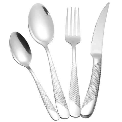 24-Piece Silver Cutlery Set with Ultra Sharp 2-in-1 Serrated Knive, 18/10 Stainless Steel Hammered Silverware Set, Flatware Set for 6 People, Knives Forks Spoons Set