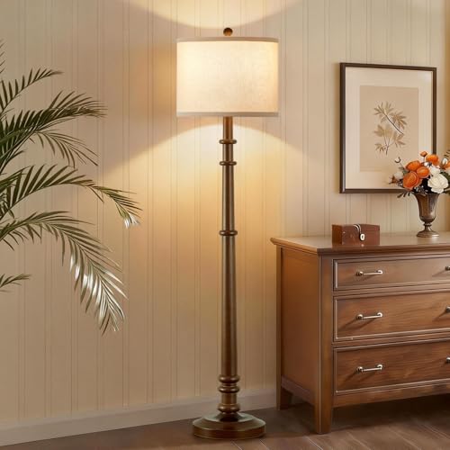 Image of Floor Lamps for Living Room - 60 inch Farmhouse Floor Lamp with Adjustable Color Temperatures - Vintage Standing Lamp Reading Light with Linen Shade Rustic Tall Lamp for Bedroom Office, Wood , Walnut