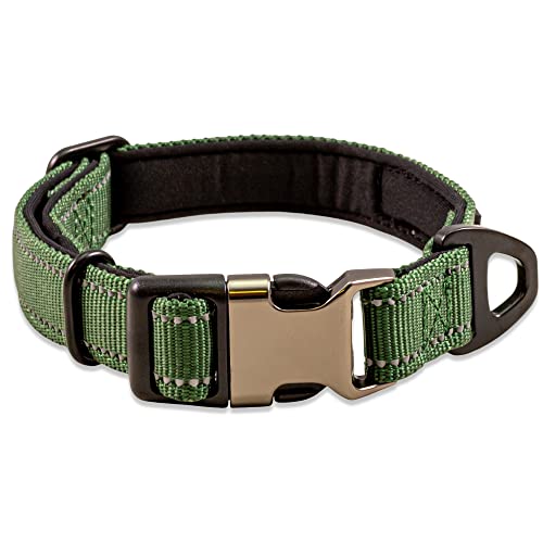 Strong Dog Collar Large Dogs - Green Reflective Adjustable Padded Dogs Collars - Metal Buckle, Aluminium V-ring, Dog Safety - Image 3