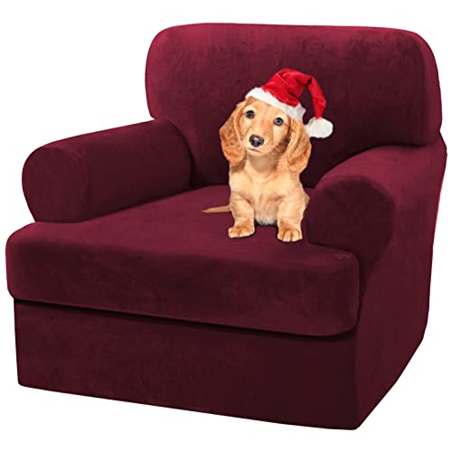 Sofa Cover,T Cushion Sofa Cover Velvet Non-Slip T Cushion 1/2/3 Seater Couch Cover with Individual T Cushion Seat Cover with Elastic Bands Furniture Slipcovers Protector (Dark red,1 Seater-2Pieces)