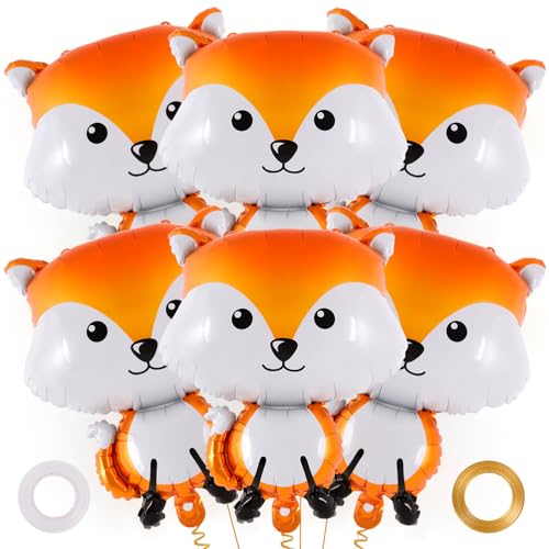 AIQINHU Fox Balloons 6 Pcs Cute Fox Foil Balloons Orange and White Round Animal Themed Party Decoration Children Unisex