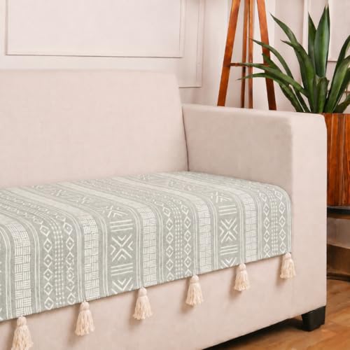 STITCHNEST 'Verdant Bohemian Stories' 2 Seater Sofa Cover| Elegant Jacquard Fabric, Decorative Tassels, Washable & Durable for Modern Living