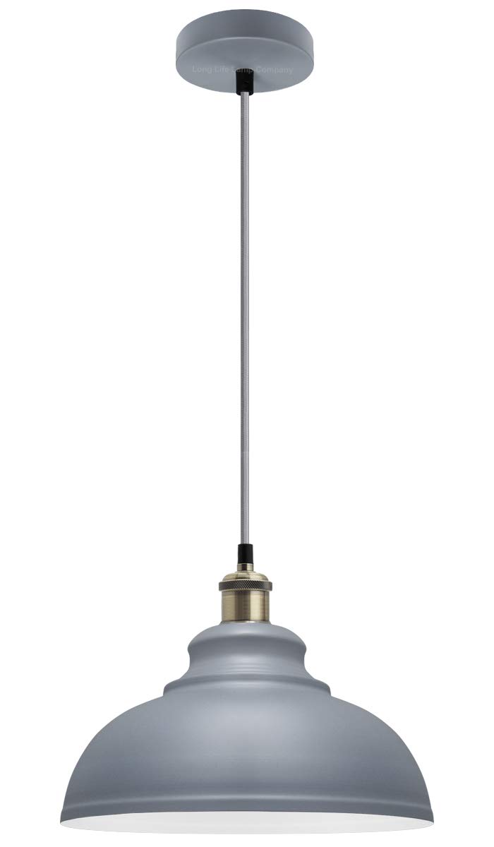Long Life Lamp Company Vintage Retro Ceiling Pendant Light Shade Grey Metal Brass Holder M0089