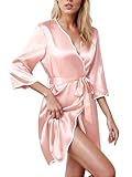 Ekouaer Women Silk Robes Short Satin Bathrobe 3/4 Sleeve Kimono Bride Robe Valentines Silky Sleepwear with Pockets Light Pink,Large