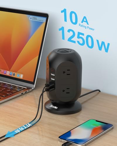 Surge Protector Power Strip Tower, BESFAN 10 Ft Long Extension Cord with Multiple Outlets, 8 AC Outlets with 4 USB Ports Power Strips with Surge Protection for Home Office Supplies Dorm Essentials
