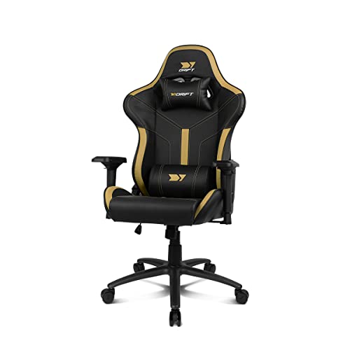 DRIFT GAMING DR350 – Ergonomischer Profi-Gaming-Stuhl mit 4D-Armlehnen, Lenden- und Nackenkissen, 135° neigbar, Leise Rollen, Schwarz-Gold