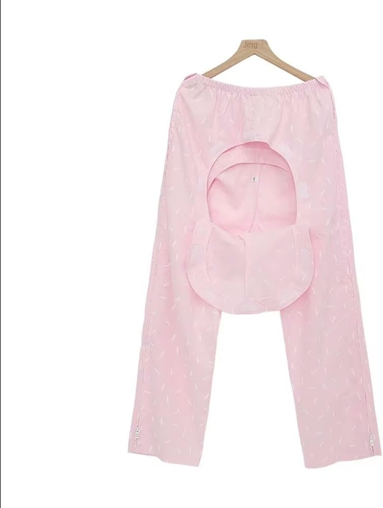New Long Nursing Pants Blue/Pink Open, Warm Hospital Shirts for Elderly Patients, Comfortable for Bed Care After Fractures or Paralysis, Pink, M