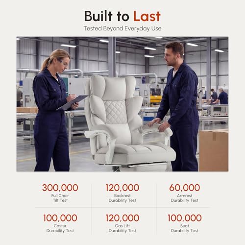 Image of Dowinx Big and Tall Office Chair with Pocket Spring Cushion,High Back Computer Gaming Chairs with Linkage Armrests,Executive Desk Chairs with Footrest,Cloth-White