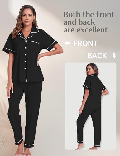 Image of COLORFULLEAF Women's 100% Cotton Pajamas Set Button Down Sleepwear Short Sleeve Shirt and Long Pants Soft Ladies Lounge Sets