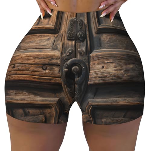 ERSDWRE Pantalones cortos de motociclista atléticos rústicos con estampado de puerta de madera envejecida para mujer, pantalones cortos de entrenamiento, informales, correr, gimnasio, yoga, pantalones
