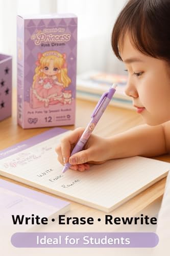 Image of Princess Pink Dream Erasable Gel Pens Set of 12 | 0.5 mm Fine Tip Blue Ink | Heat Erase Technology | Cute Stationery for Kids Students School Exams