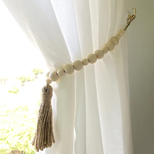 ZILucky Set of 2 Curtain Tie Backs, Natural Wood Drape Tiebacks, Window Treatment, Farmhouse Garland, Boho Decor Accessories (Primary Color Beads + Tassel)