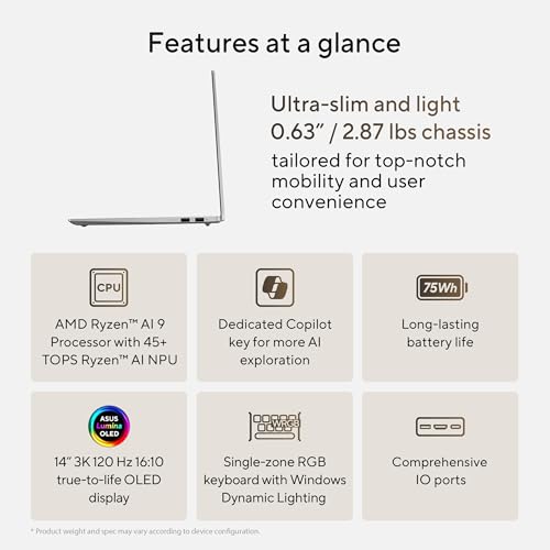 ASUS Vivobook S 14 OLED Slim Laptop, AMD Ryzen AI 9 365(10 Cores), 24GB, 1TB SSD, Customizable RGB Keyboard, Cool Silver, M5406WA-AH94 by ASUS - Image 3