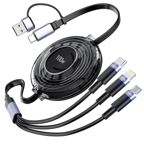 3-in-1 Retractable Multi Charging Cable, 100W Fast Charging USB-C/A to/USB-C/Micro USB Charger Cord for iPhone 15, MacBook, and for iPad