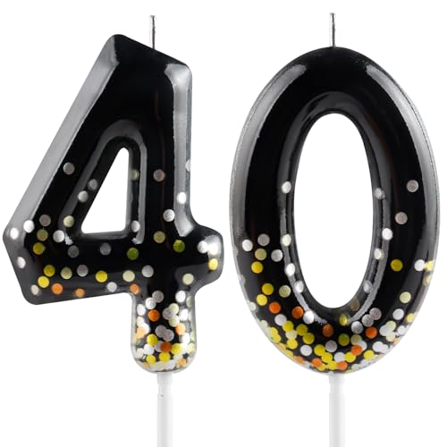 Hongplus Black Gold Confetti Number 40 Birthday Candle Cake Candles, Candles for Cake, Happy 40 Birthday Candles Cake Topper Decorations for Women Men Birthday Anniversary Wedding Party