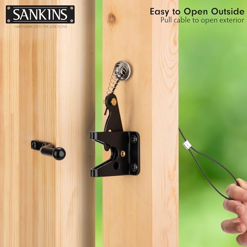 SANKINS 2 Pcs Self-Locking Gate Latch with Spring Cable Pull for Wooden Fence Gate Heavy Duty, Post Mount Automatic Gravity Lever Gate Fence Door Latches for Wooden Fence Secure Pool Shed, Black - Thumbnail 6