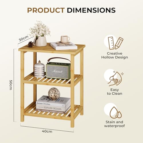 Dripex Bamboo Living Room End Table, 3-Tier Narrow Nightstand, Bedside Table, Slim Coffee Table Small Spaces, Storage Sofa Side Table for Bedroom or Office