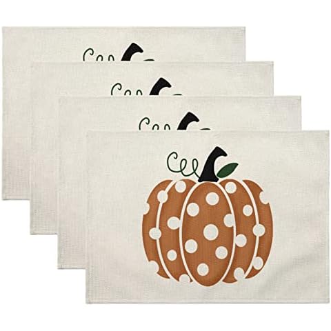 Fall Placemats Set of 4,Autumn Orange Pumpkin Table Mats 18"x 12" for Harvest Thanksgiving Day,Heat-Resisting Non Slip Linen Burlap Place Mats for Kitchen Dining Table Decor Cover