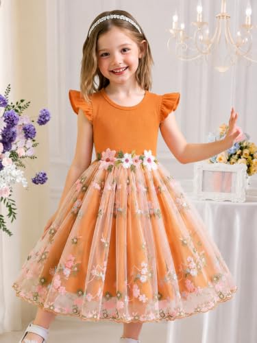 Image of TAGAS Girls' Dress|Elegant Beige Baby Girl Dress with Lace Ruffles & Floral Embroidery - Long Sleeve Princess Birthday Party Dress | Comfortable & Stylish Kids Wear| PartFrock for Kids |