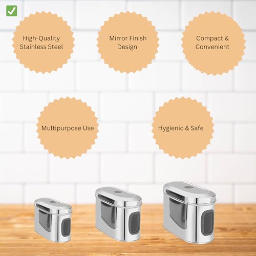 Image of Stainless Steel Capsule Food Canisters /Jars /Containers for Kitchen Storage with See Through Window - set of 3, 1350 /1850 /2350 ml capacity, Silver