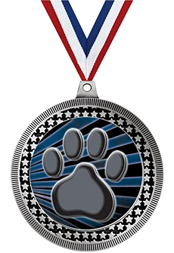 2.75" Mascot Paw Print Medal Awards, Silver Vega Mascot Paw Print Team Trophy Awards Includes Free Neck Ribbon 100 Pack Prime