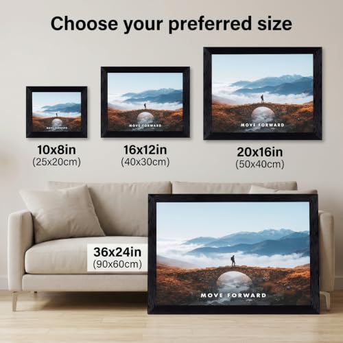 Framed Canvas Wall Art Cinematic Lone Hiker Stone Bridge Amber Blue Foggy Mountain Canvas Print Poster Black Frame Wall Decor for Living Room Motivational Art, Nature Decor - Inch 16x20 - Image 3