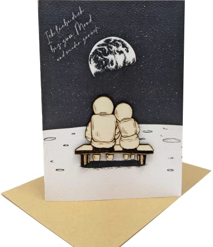 Woodland Mail Besondere Liebes-Grußkarte mit Holzelement - Ich liebe dich bis zum Mond und wieder zurück - für Eltern Kinder Partner Ehepartner Freunde
