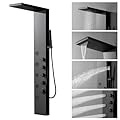 BWE Rainfall Waterfall Shower Panel Tower System Stainless Steel Bathroom Shower Panel with 5 Massage Body Jets Sprays and Handheld Shower, Matte Black