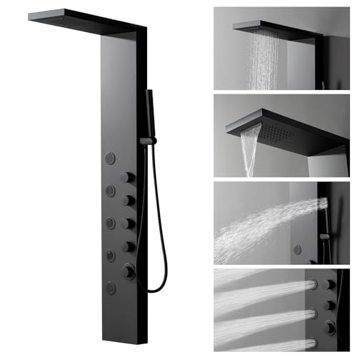 BWE Rainfall Waterfall Shower Panel Tower System Stainless Steel Bathroom Shower Panel with 5 Massage Body Jets Sprays and Handheld Shower, Matte Black