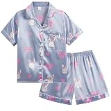 Vopmocld Big Kids Unisex Pjs Set Girls Boys Silk Pajama Sets Satin Clasic Sleepwear Summer 2 Pieces Button Down Nighty, Bow Bunny, 8