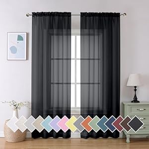 Aiyufeng 2 Panels Solid Color Semi Transparent Sheer 84″ Length Window Curtains, Elegant Voile Panels/Draperies/Treatment for Bedroom Living Room Black, 2 Panels=80″ W