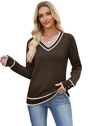 Image of WIHOLL Lightweight Sweaters for Women Long Sleeve V Neck Knit Outfits with Decorative Buttons