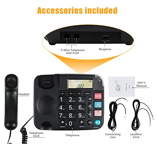 Phone For Seniors, Big Button Telephone, Hearing And Visually Impaired Landline Phones For Elderly Telephone For Home Has Flashing Alerts /3 Picture Memory Keys/Hands-Free Easy Corded (Black) #TOP2