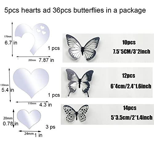 36Pcs 3D Crystal Butterfly And 5Pcs Silver Acrylic Mirror Hearts Wall Stickers With Adhesive Art Decal Satin Paper Baby Kids Bedroom Home Diy Decor Removable Stickers (36 Butterfly And Silver Heart) #TOP4