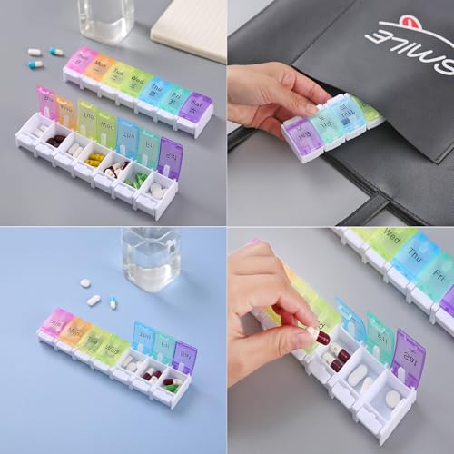 Tablettenbox 7 Tage, Medikamentenbox 7 Tage, Pillendose 7 Tage Fächer, leicht zu öffnen, mit Wochentagen auf Deutsch Medikamentenbox