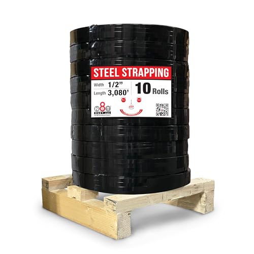 8NET Steel Strapping Band, 3,080' Length x 1/2'' Width x 0.020'' Thickness (1,170 lbs Break Strength), Cut Resistant Pallet Banding, Heavy Duty Metal Strap (10 Rolls)