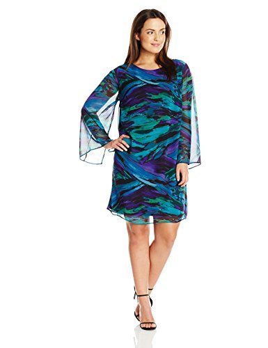 AGB Women's Plus-Size Sheath in Rich Brushstroke Print Long Sleeves