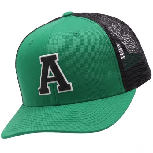 I&W Hatgear Men’s 6-Panel Trucker Cap Mid-Profile A-Z Varsity Initial, Green Black White Black, Letter A