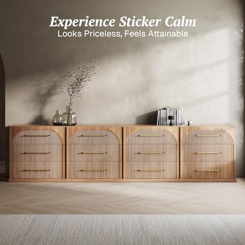 Image of BELLEZE Set of 4 Fluted Modular Sideboard Cabinet, 130'' Classic Modern Buffet Cabinet with 3 Drawers, Accent Credenza Cabinet for Living Room Kitchen Entryway (Camel)