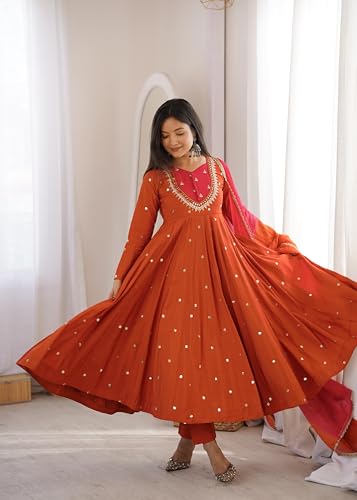 Image of Women Elegant Embroidered Sequence Anarkali Three Piece Set with Real Mirror Designer Work | Women's Premium Flared Ethnic Suit Set with Kurta, Bottom & Dupatta Orange