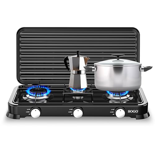 SOGO Hornillo Camping Gas Portátil 3 Fogones para Exterior GLP y Propano - Cocina Camping con Control Preciso de Llama - Cocina de Gas Portátil para Terraza y Aire Libre Compacta y Eficiente