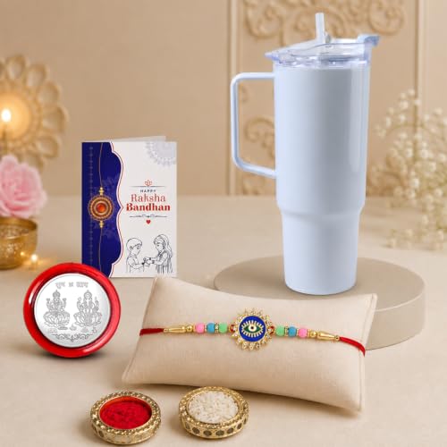 Image of DeoDap Rakhi for Brother - Evil Eye Design Rakhi with Stylish Travel Tumbler 1800 ML, Silver Colour Pooja Coin, Greeting Card & Tilak Set - Traditional Raksha Bandhan Gift Combo (Pack of 5)
