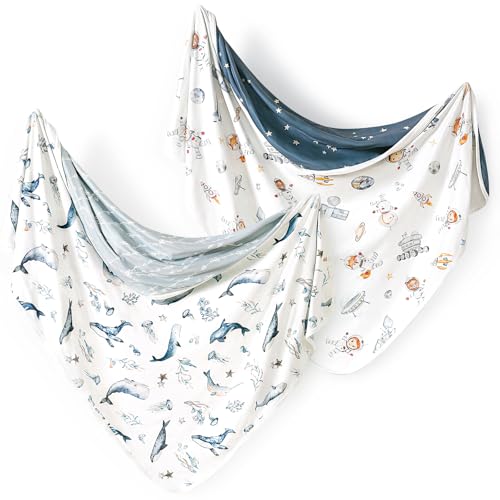 GRSSDER Baby Swaddle Blankets 2 Pack, Super Soft Jersey Knit Baby Quilt Blanket for Baby Boys, Double Layer Receiving Blankets 34 x 44 Inches Extra Large for Swaddling, Sea Fish & Space