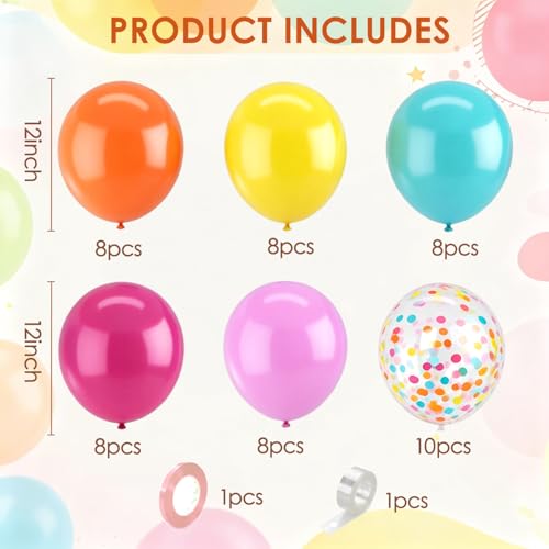 Image of Zesliwy Rainbow Balloons,50pcs 12inch Summer Balloons Orange Yellow Hot Pink Balloons Teal Blue Dark Pink Balloon with Colorful Confetti Balloon for Tropical Birthday Wedding Hawaiian Party Decor