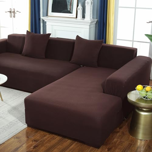 Housse de canapé extensible 2 places marron café en polyester doux - 8