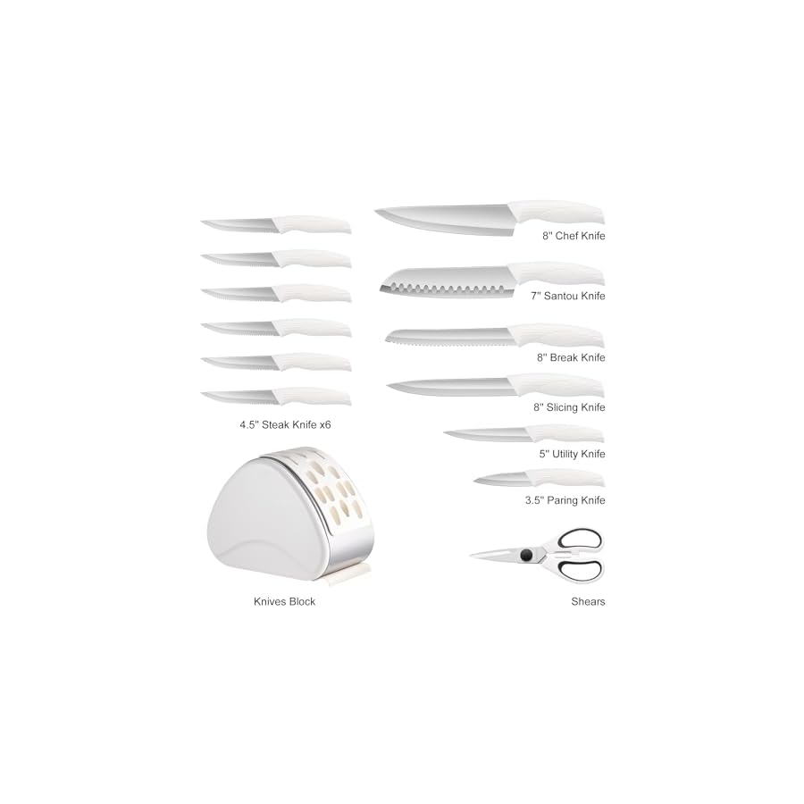 RAXCO Knife Set,15-Piece Stainless Steel Kitchen Knives with Block for Professional Cutting,White