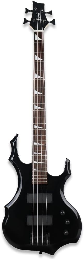 Fojill Cool Shape Full Size Standard Electric Bass Guitar Four 4 String Right Hand Handed Basswood Body European Maple Neck Genuine Rosewood Fretboard Fingerboard with Gig Bag Strap Cable(FCB-60BK)