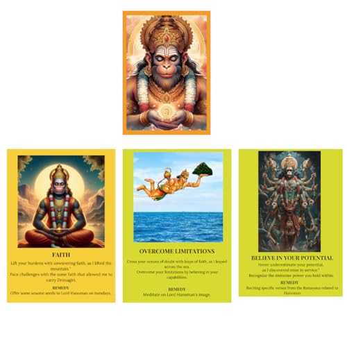 Image of Essencioshop Lord Hanuman Oracle Cards Set - A 72 Full Color Cards Based on Lord hanuman's Life situations, Challenges & Learnings with Remedies